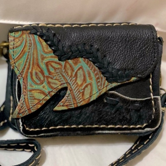 Leather Mini Bag Bohemian Crossbody Artisan Accent Size  6 x 4 x 2.5 - Picture 3 of 14